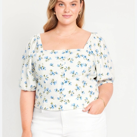 Old Navy Linen Blend Blue and cream Floral Puff Sleeve Blouse XL Tall - Picture 3 of 14